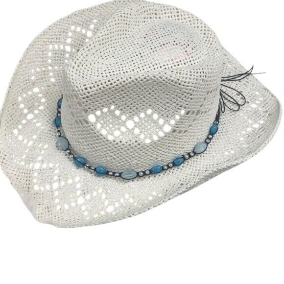 Womens White Paper Cowboy Hat With Aqua Beaded Detail - Picture 2 of 4